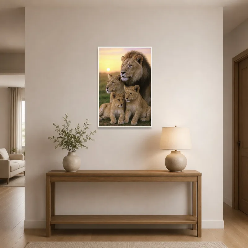 Lion family at sunset greets in the entrance hall.
