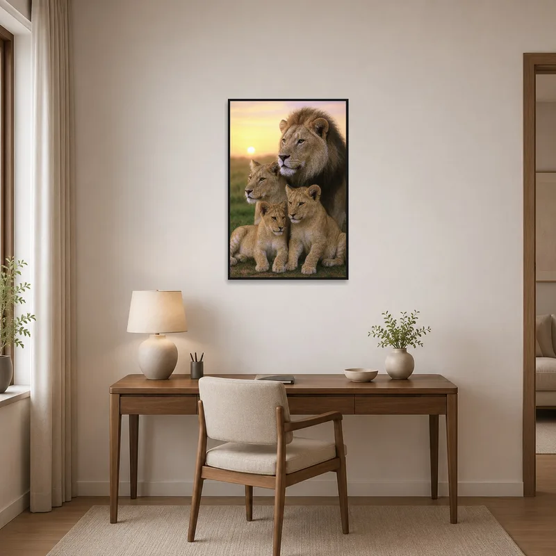 Lion family print inspires in a home office.