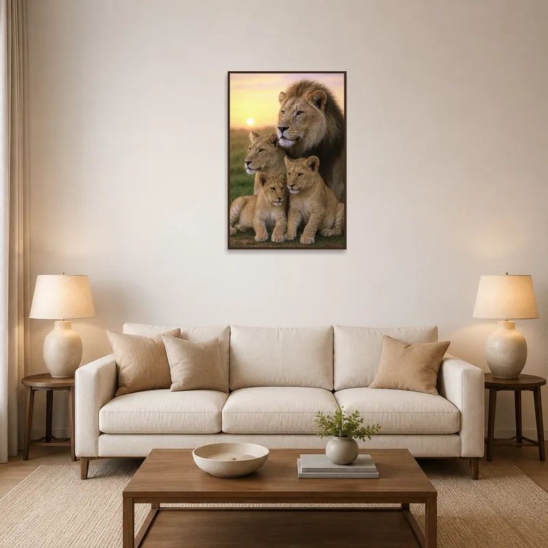 Lion family at sunset print in a cozy living room.