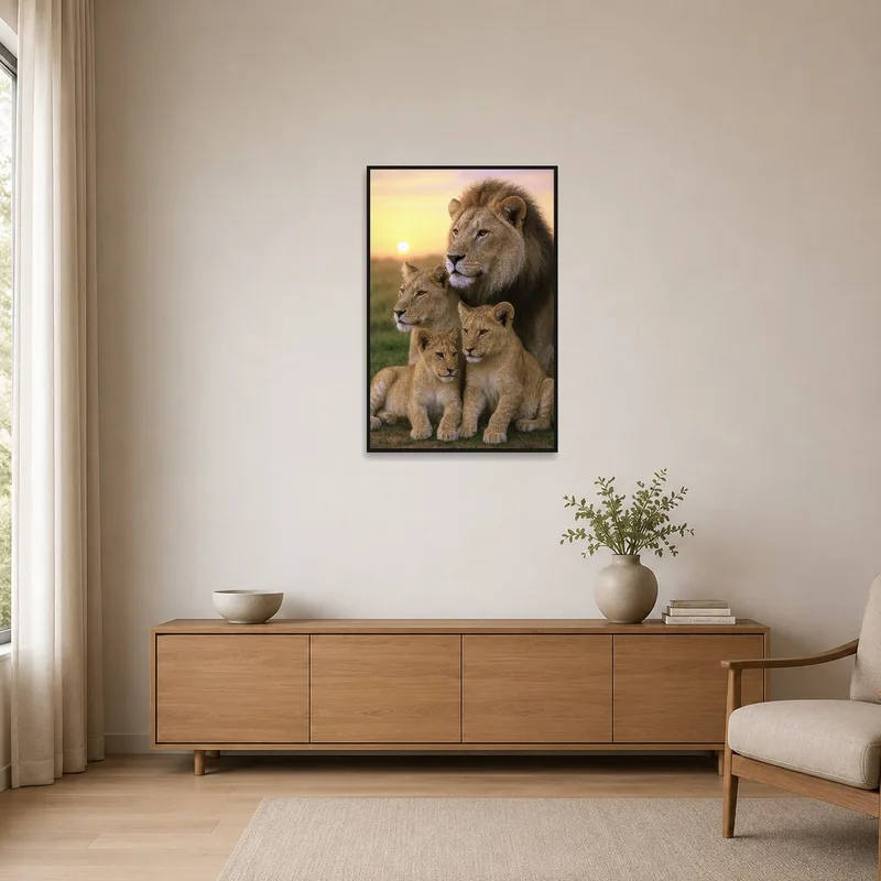 Lion family print adding charm to a minimalist room.