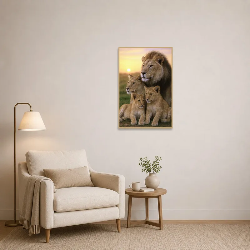 Lion pride print brings warmth to a reading corner.