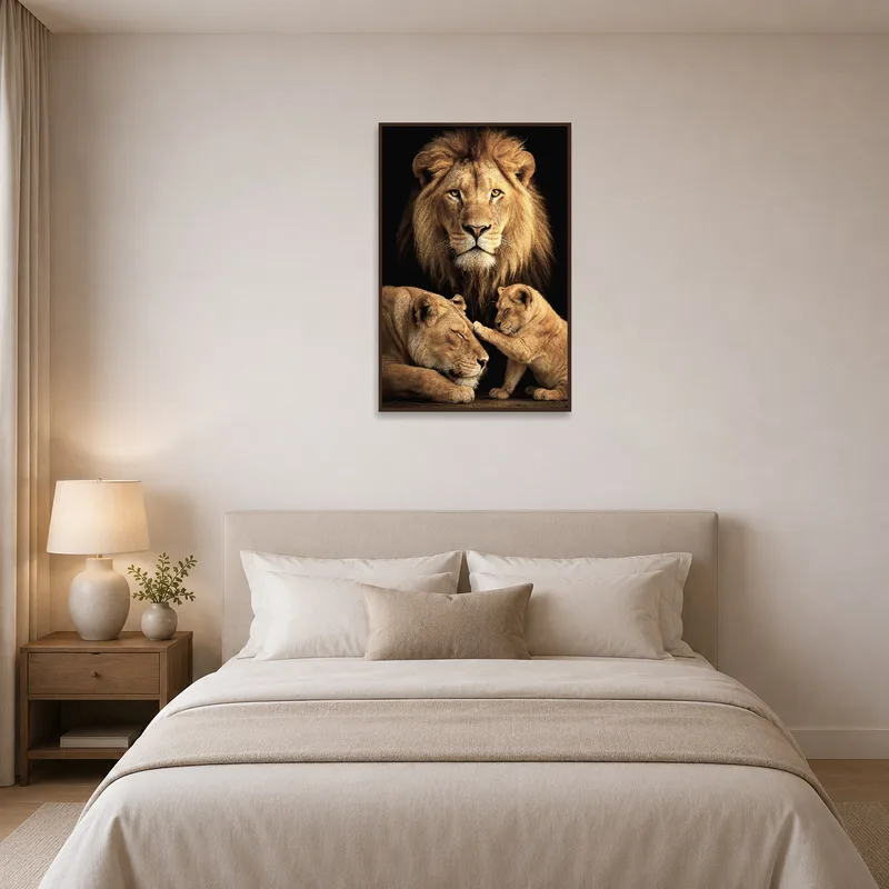 Serene lion family portrait above a bed with soft lighting.