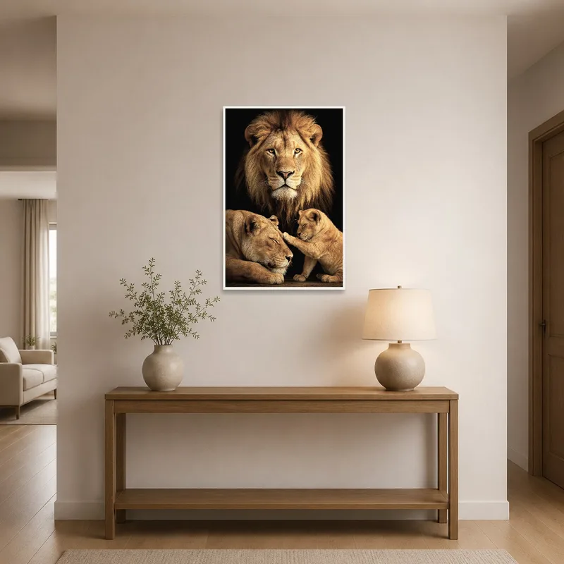 Striking lion family portrait welcomes guests in the entrance hall.