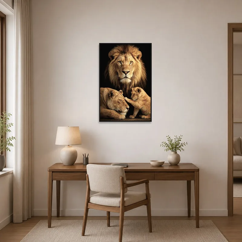 Lion family portrait inspires creativity in a home office space.