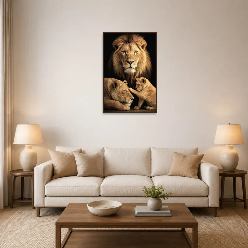 Majestic lion family portrait above a modern living room sofa.