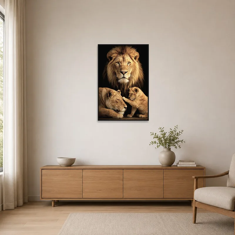 Lion family portrait in a clean, minimalist room with neutral tones.