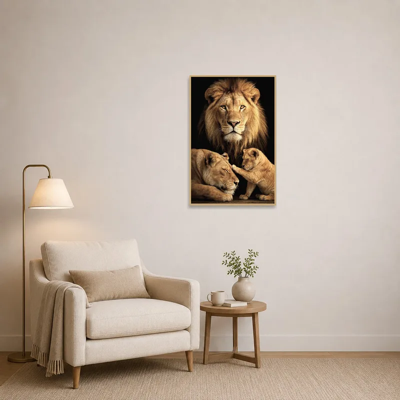 Lion family portrait adds a regal touch to a cozy reading nook.