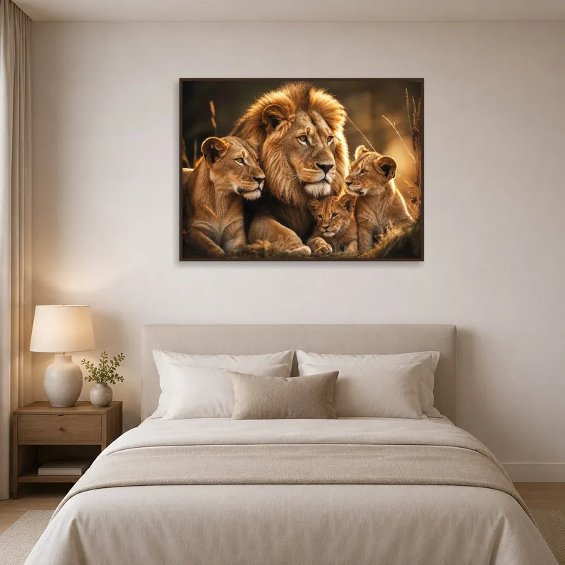 Lion family art piece creating a serene atmosphere in a bedroom.