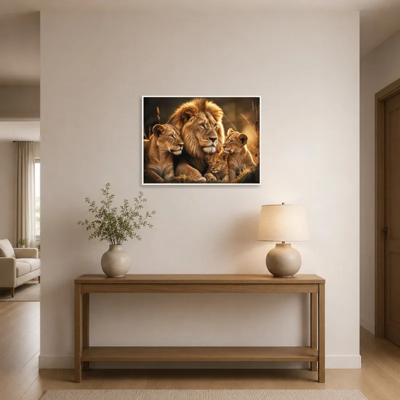 Lion family artwork greeting guests in a bright entrance hall.