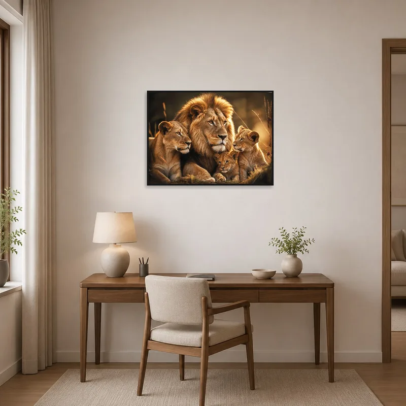 Home office featuring an inspiring lion family painting.