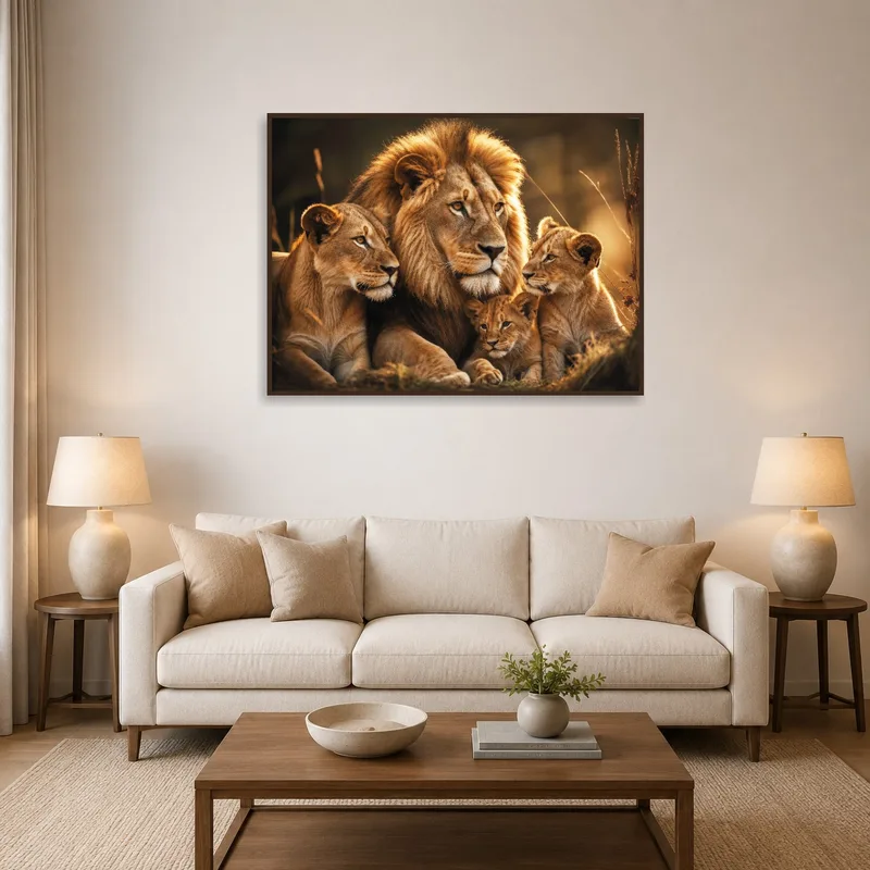 Lion family painting adding warmth to a cozy living room setting.