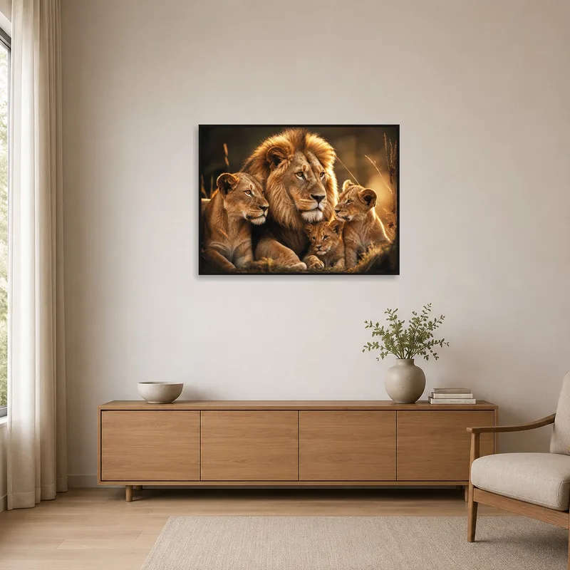 Minimalist room with a majestic lion family artwork on a white wall.