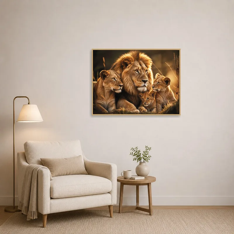 Cozy reading corner enhanced by a warm lion family art piece.