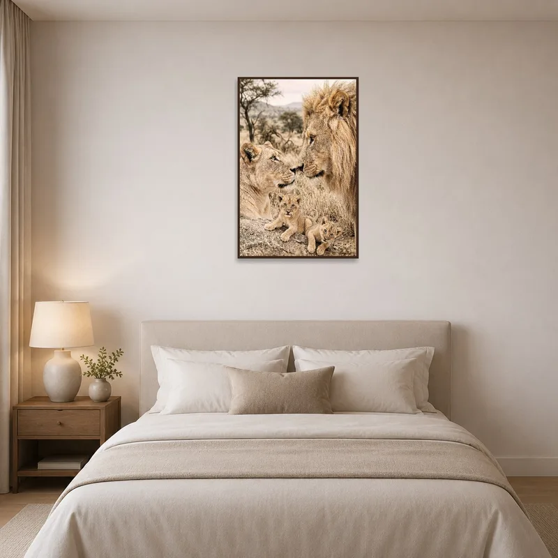 Lion family print adding warmth to a serene bedroom setting.