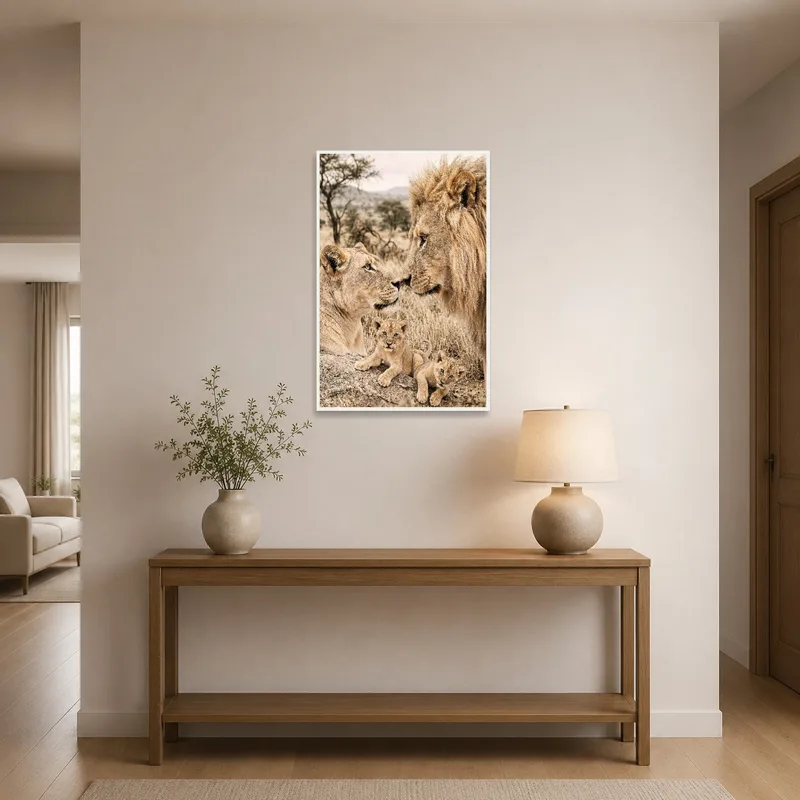 An entrance hall featuring a lion family print welcoming guests.