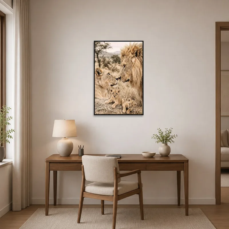 Lion family print inspiring creativity in a modern home office.