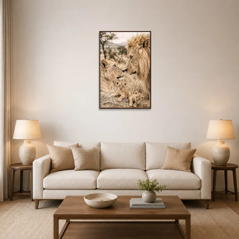 A majestic lion family print displayed above a cozy living room sofa.