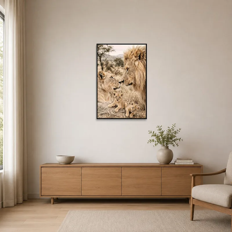 Lion family print complementing a minimalist room with clean lines.