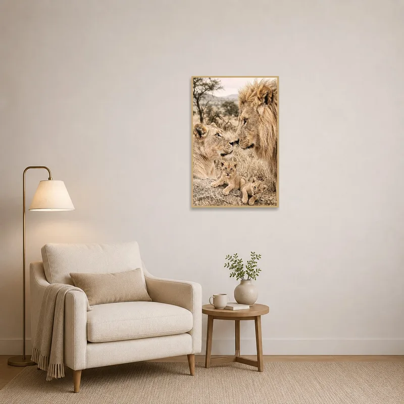 A tranquil reading corner with a lion family print on the wall.