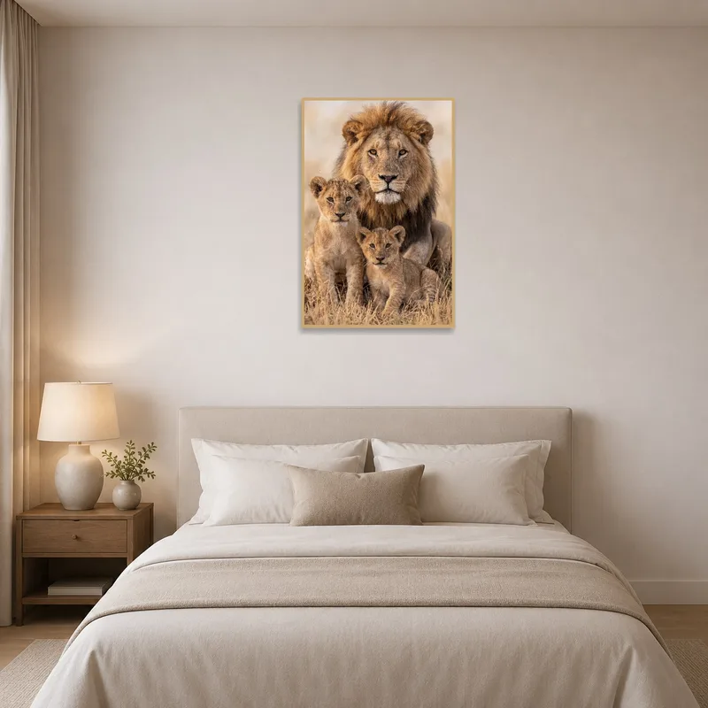 The majestic lion family adds an exotic vibe above the bedroom headboard.