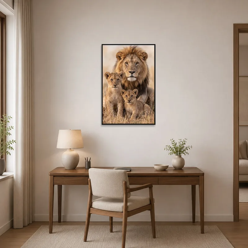 Lion family artwork inspires creativity in the home office environment.