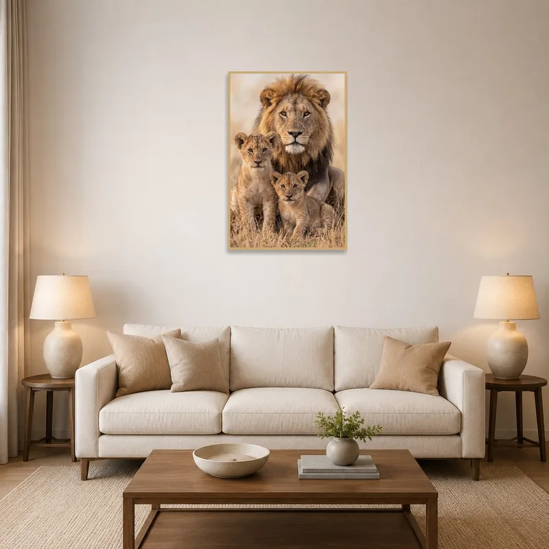 A majestic lion family artwork adds a bold touch above the living room sofa.