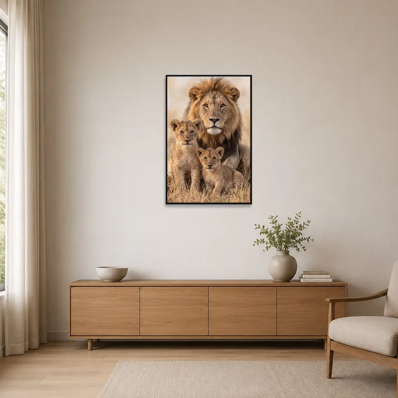 Lion family artwork in a minimalist setting provides a striking focal point.