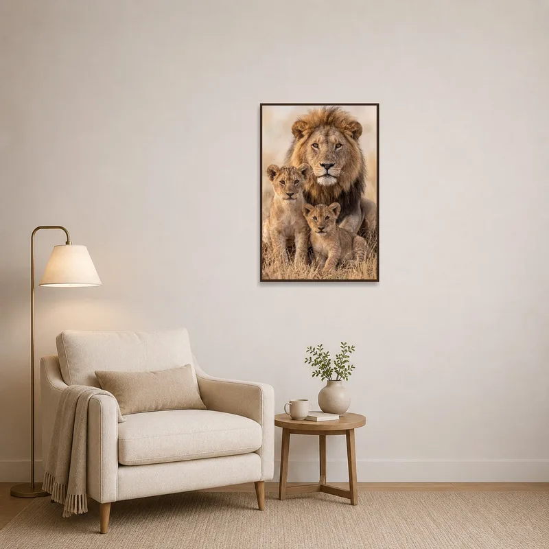 A comforting lion family scene enhances the reading corner ambiance.