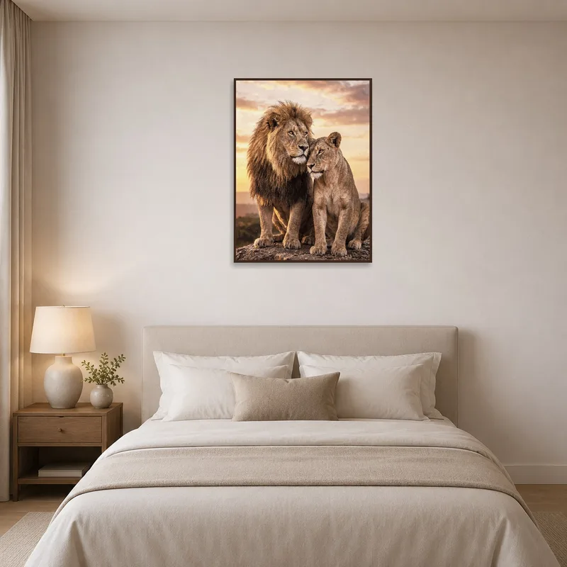 Bedroom wall adorned with art portraying majestic lions at a colorful sunset.