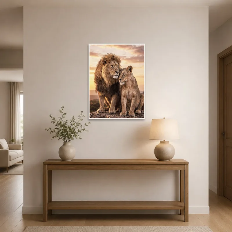 Majestic lions wall art greets guests in an elegantly styled entrance hall.