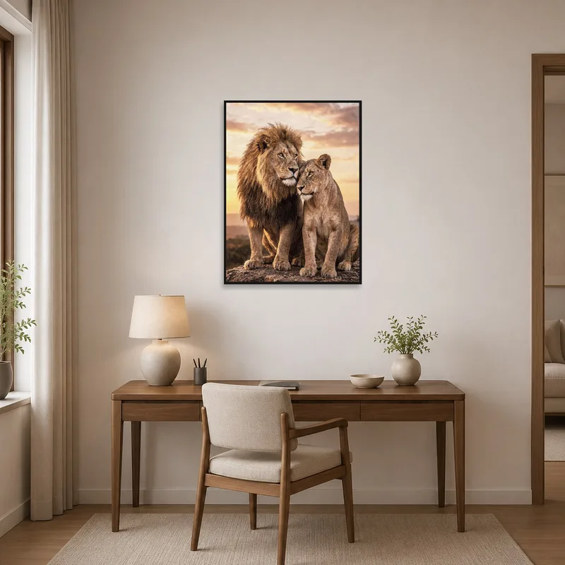 Majestic lions sunset artwork adds warmth to a productive home office space.