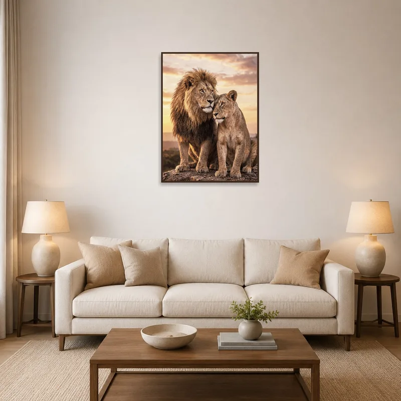 Wall art of majestic lions at sunset displayed above a modern living room sofa.