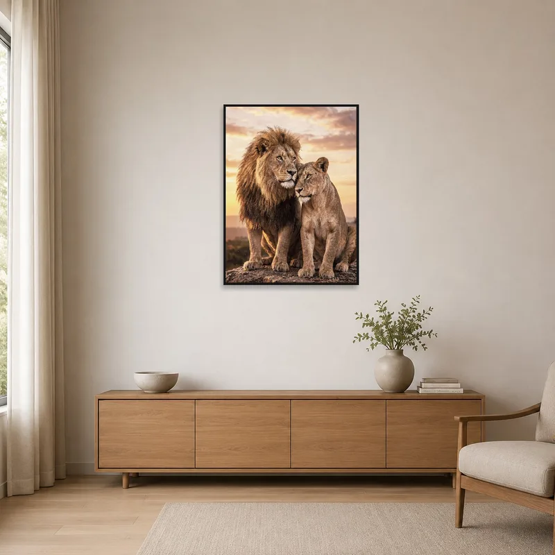 Majestic lions at sunset art piece accentuates a minimalist room's serene setting.