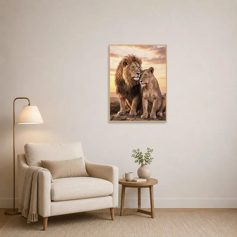 Cozy reading corner enhanced by wall art of majestic lions at sunset.