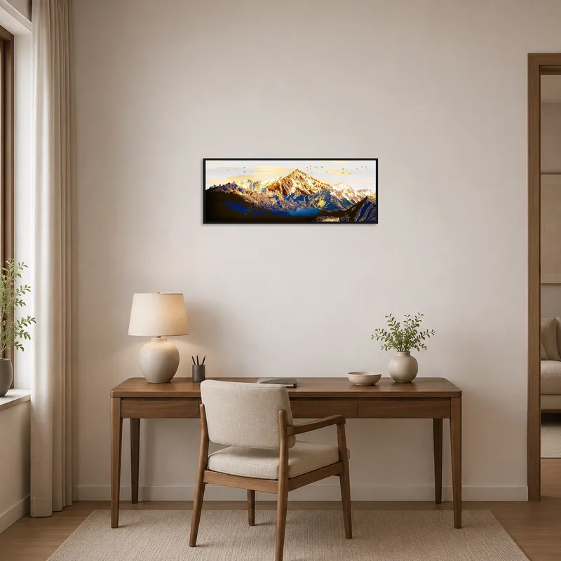 Majestic mountains inspire productivity in a stylish home office.