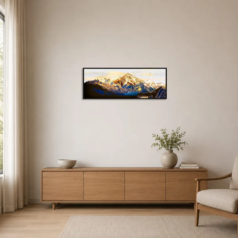 Mountain range art adds elegance to a minimalist room with clean lines.