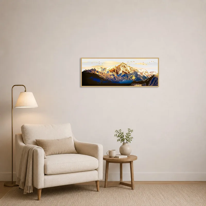 A serene mountain range print adorns the wall of a cozy reading corner.