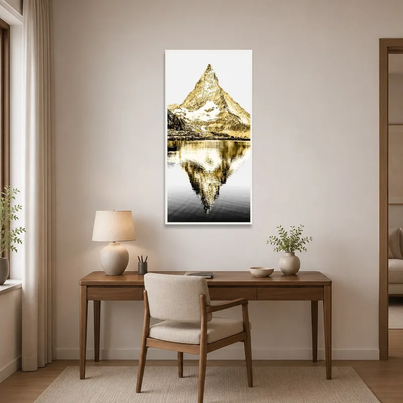 Home office enhanced by a peaceful mountain and lake print.