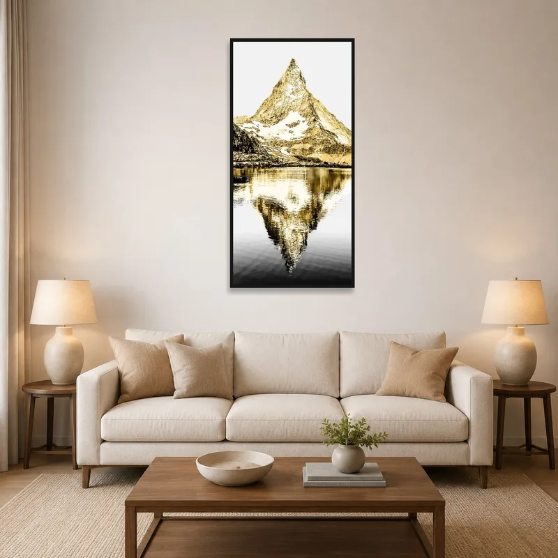 Mountain and lake artwork above a cozy living room sofa.