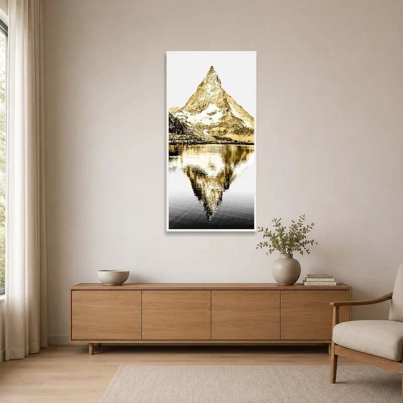 Minimalist room with mountain reflection artwork on a blank wall.