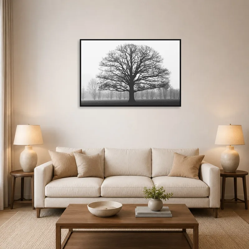 Majestic Oak Tree in Misty Landscape above a cozy living room sofa.