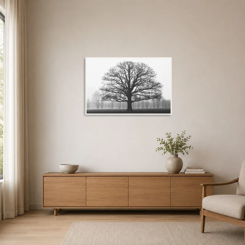 Subtle elegance with Majestic Oak Tree in a minimalist setting.
