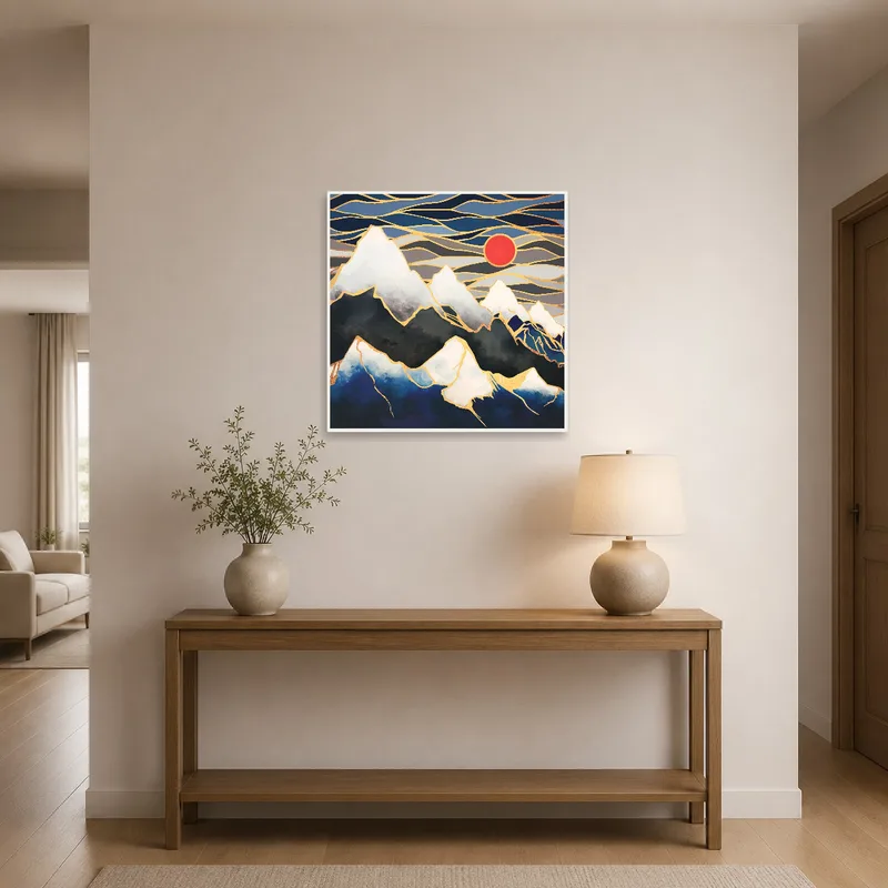 Entrance hall featuring Majestic Peaks with Red Sun art welcoming guests.