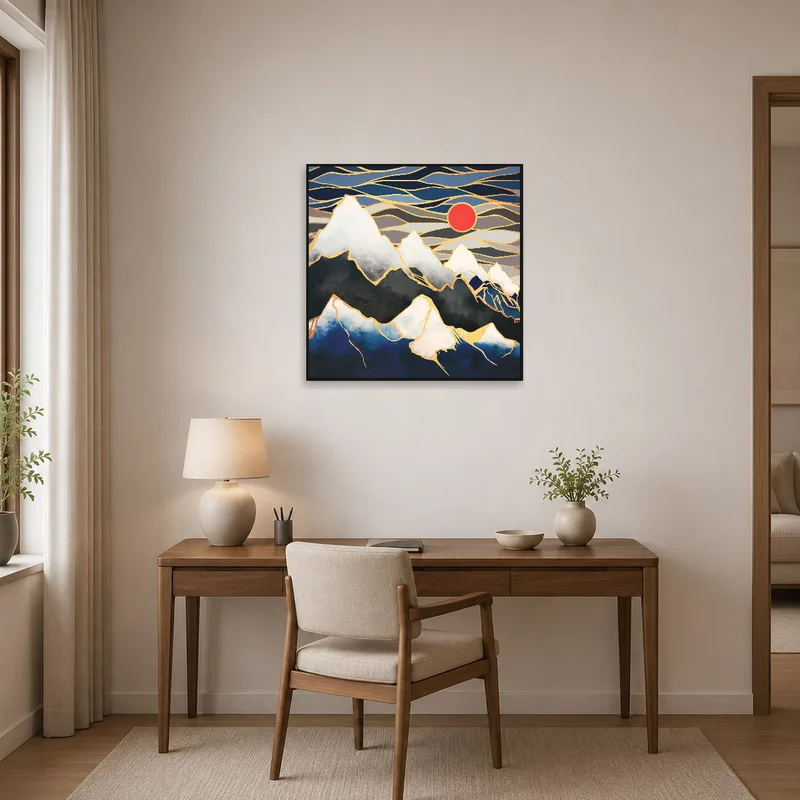 Home office enhanced by Majestic Peaks with Red Sun art for creative vibes.
