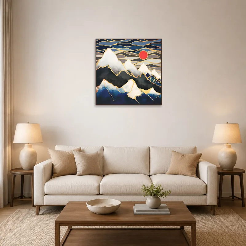 Majestic Peaks with Red Sun artwork above a cozy sofa in a living room.