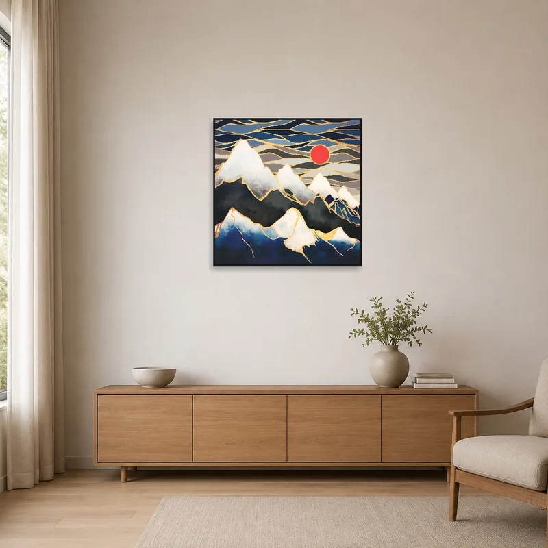 Minimalist room with Majestic Peaks with Red Sun art on a sleek white wall.