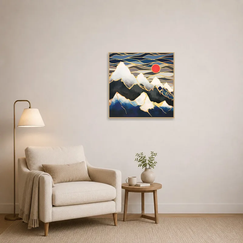Reading corner adorned with Majestic Peaks with Red Sun art for inspiration.