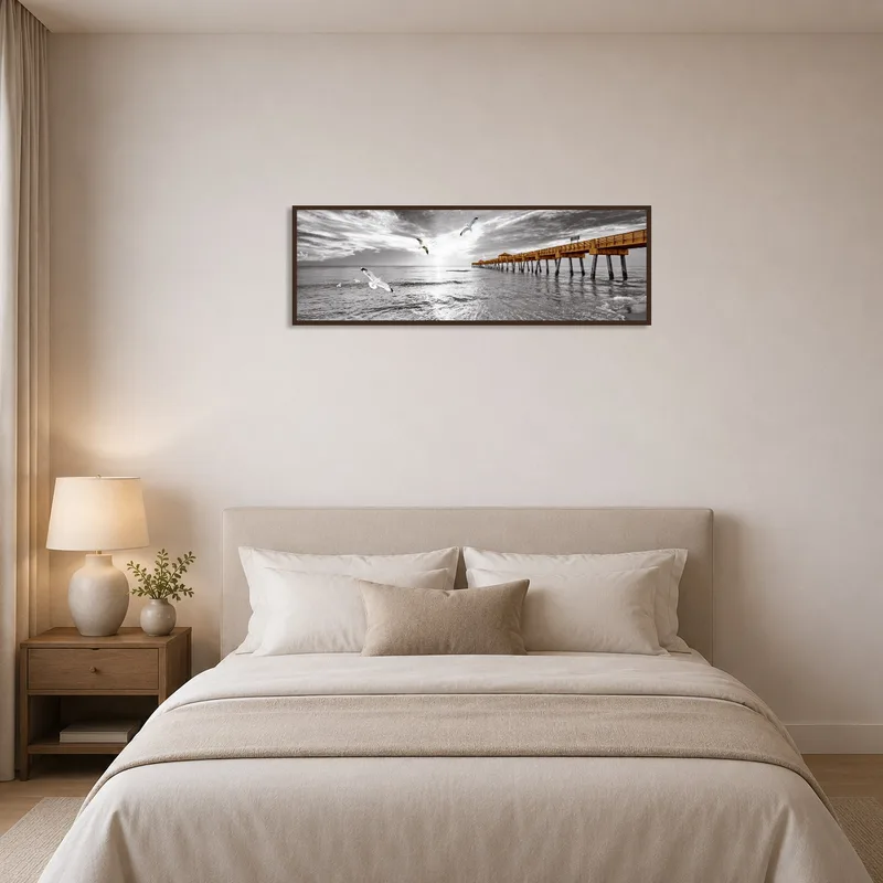 Majestic pier print serving as a soothing bedroom centerpiece.