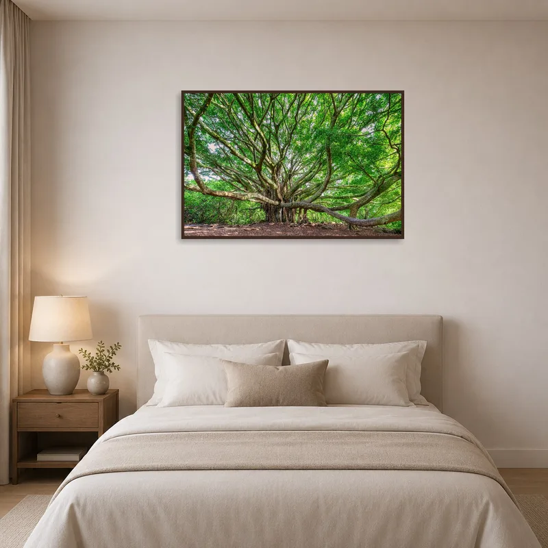 Serene tree panorama adding tranquility above a bedroom headboard.