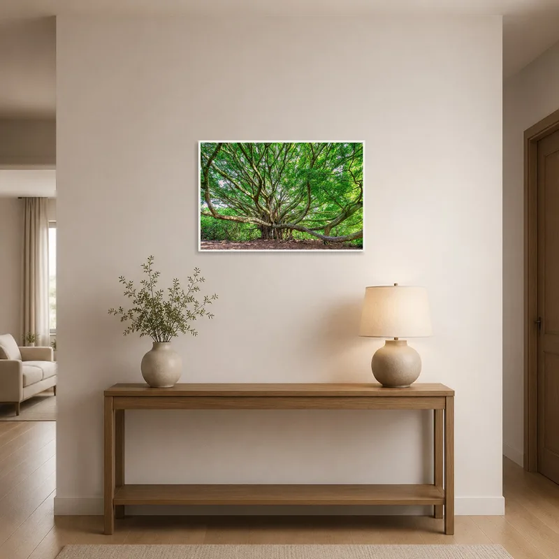 Tree panorama welcoming guests in a spacious entrance hall.